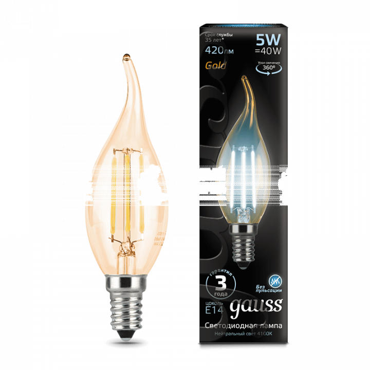 Лампа Gauss LED Filament Candle tailed E14 5W 4100K Golden