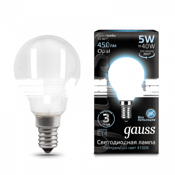 Лампа Gauss LED Filament Globe OPAL E14 5W 4100K