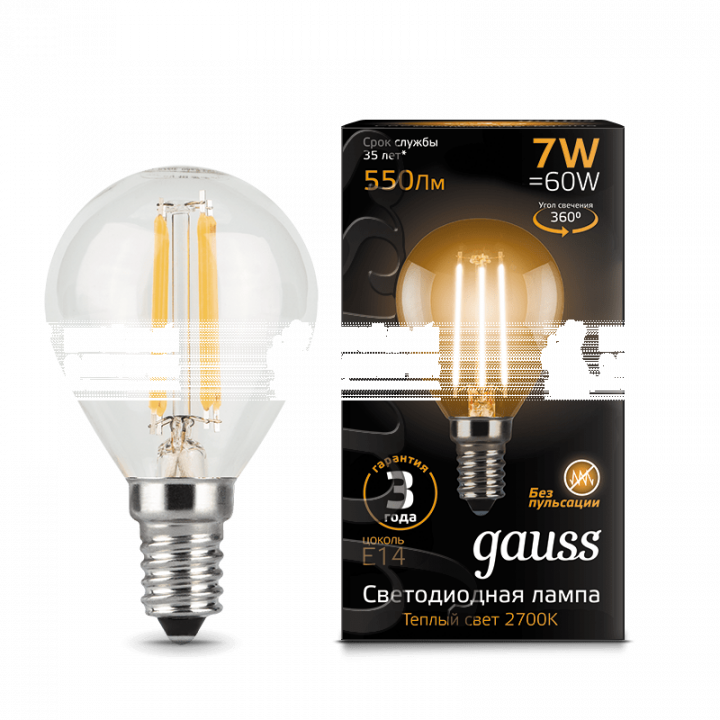 Лампа Gauss LED Filament Globe E14 7W 2700K